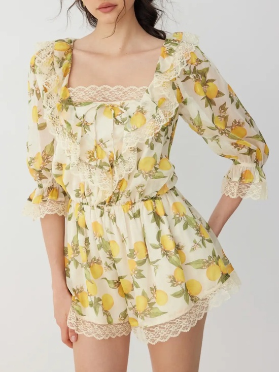 Cider Pants - NWT Cider Lemon CHIFFON SQUARE NECK LANTERN SLEEVE LACE ROMPER CottageCore